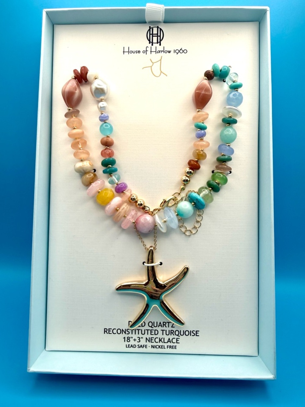 House of Harlow 1960 Pastel Multicolor Beaded Necklace with Gold Starfish Charm